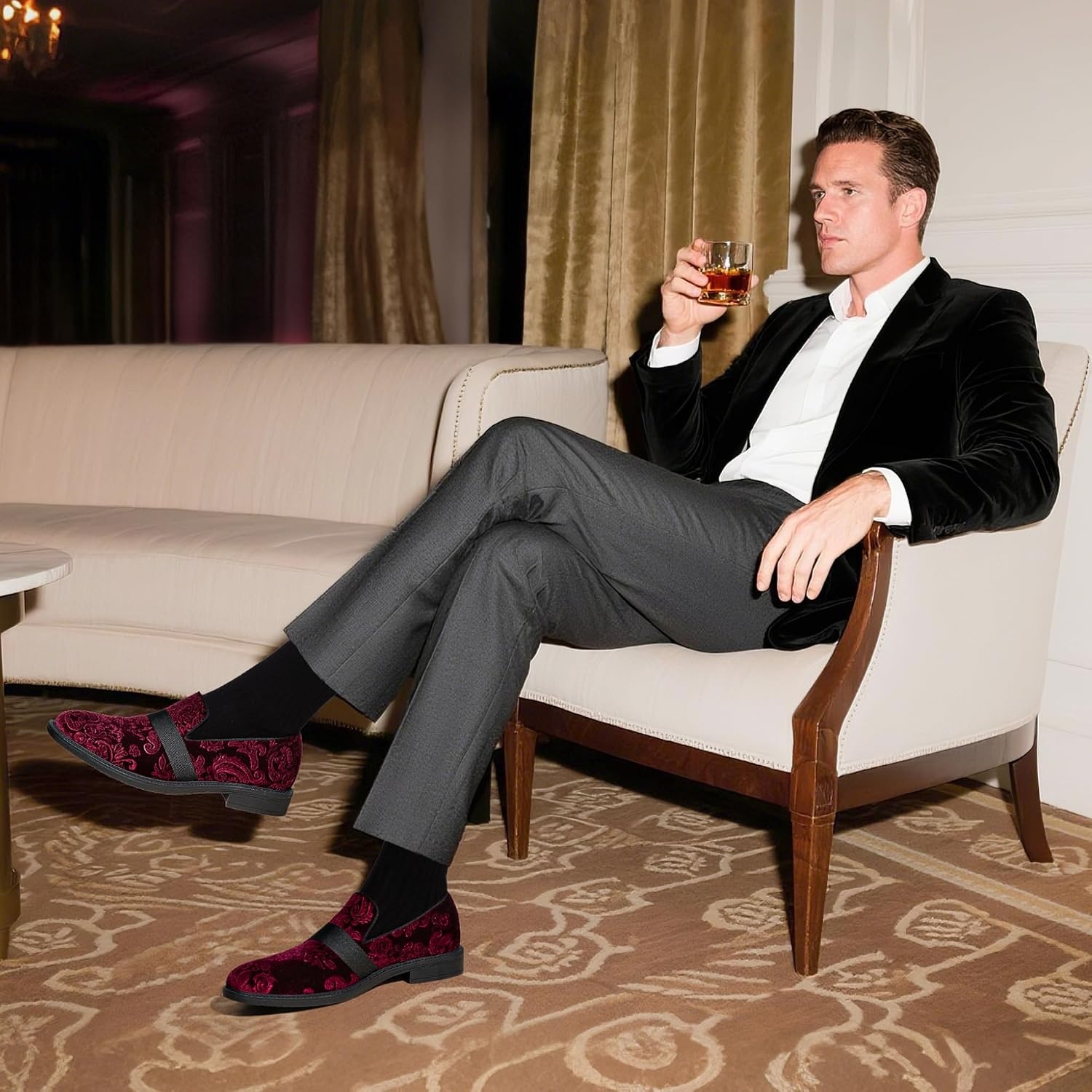 image:imageBruno Marc Mens Dress Tuxedo Shoes Slipon Loafers Patent Leather Velvet Wedding Prom Party Banquet Daily Formal OfficeRed Wine
