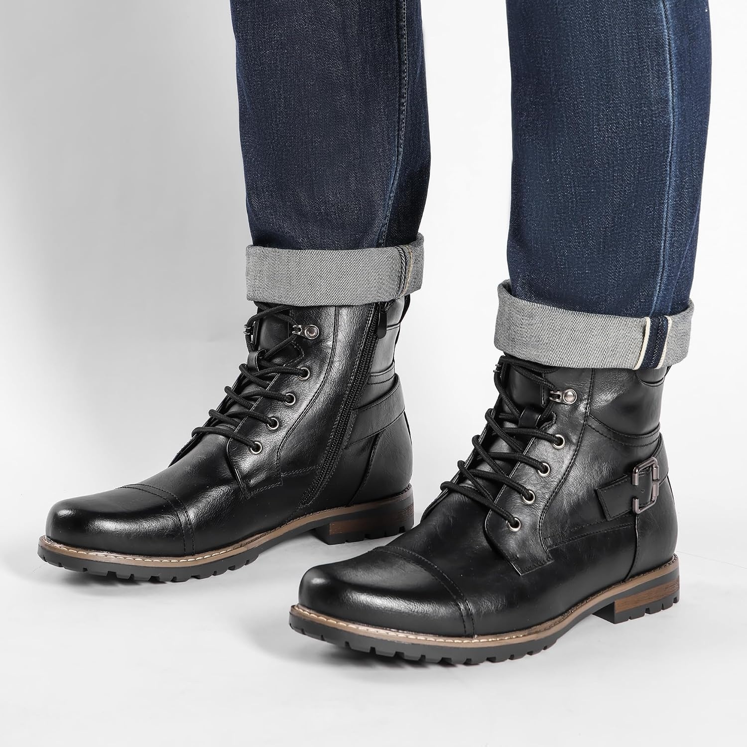 image:imageBruno Marc Mens Motorcycle Combat Boots Side Zipper Design05 Inch Platform Flexible Combat Boots for Commuting Motorcycle Riding amp Office WearBlack