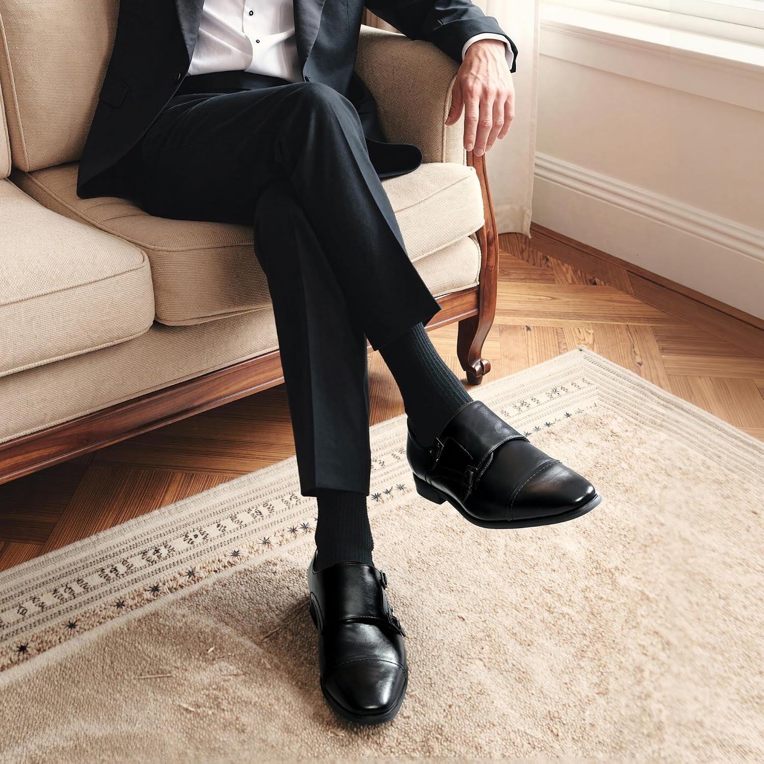 image:imageBruno Marc Mens Dress Shoes Monk Strap Slip on Loafers Cap Toe Double Stacked Heel Wedding Prom Graduation Office ChurchBlack