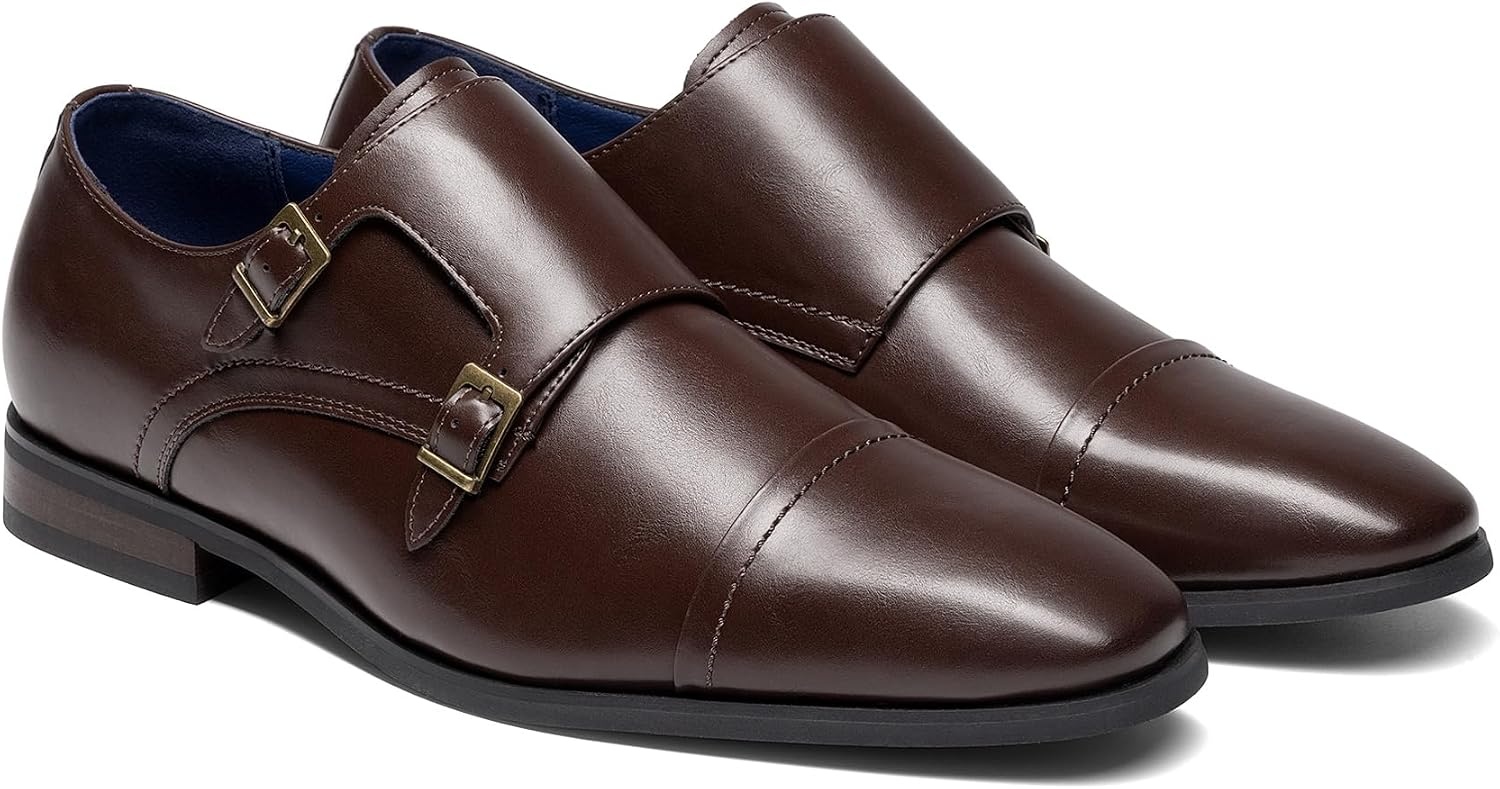 image:imageBruno Marc Mens Dress Shoes Monk Strap Slip on Loafers Cap Toe Double Stacked Heel Wedding Prom Graduation Office ChurchBrown