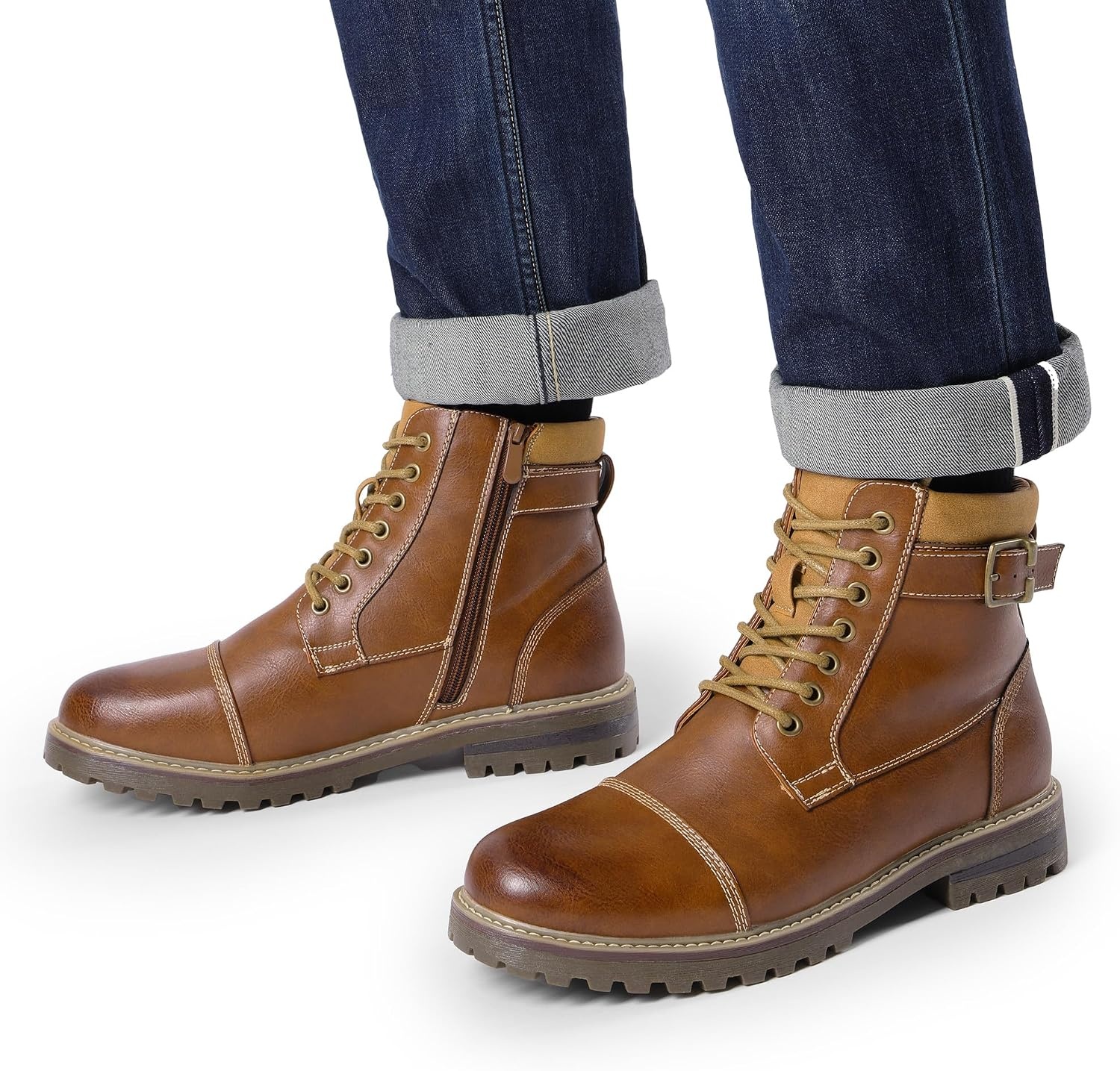 image:imageBruno Marc Mens Motorcycle Combat Warm Zipper Oxford Boot Breathable Lining Laceup amp Side Zipper Durable TPR Outsole Ideal for Motorcycle Riding amp Daily WearEngle05brown