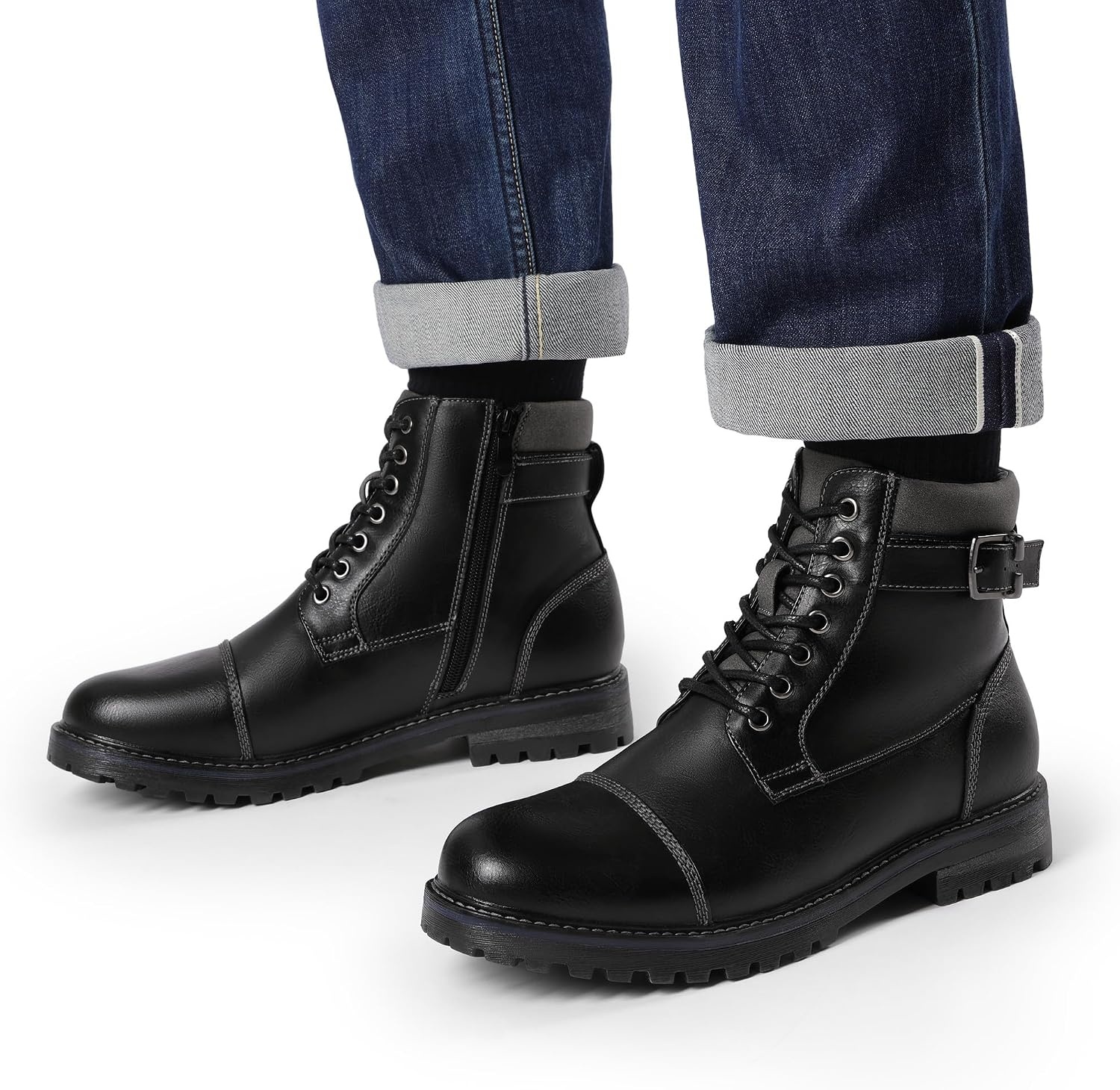 image:imageBruno Marc Mens Motorcycle Combat Warm Zipper Oxford Boot Breathable Lining Laceup amp Side Zipper Durable TPR Outsole Ideal for Motorcycle Riding amp Daily WearBlack