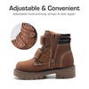 DREAM PAIRS Boys Girls Hook and Loop Fashion Boot | Soft PU upper, plush faux fur lining. Side zipper, lace up fit. Anti-slip TPR sole. For school or play.(Brown)
