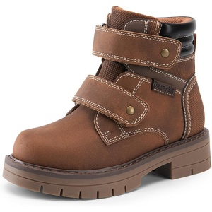 DREAM PAIRS Boys Girls Hook and Loop Fashion Boot | Soft PU upper, plush faux fur lining. Side zipper, lace up fit. Anti-slip TPR sole. For school or play.(Brown)