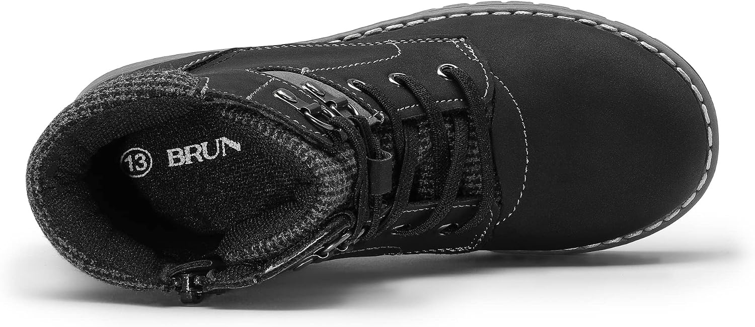 image:imageBruno Marc Boys Girls Ankle Outdoor Comfort Autumn Boot Soft PU upper plush faux fur lining Side zipper lace up fit Antislip TPR sole For school or playBlack