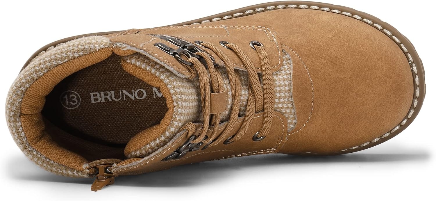 image:imageBruno Marc Boys Girls Ankle Outdoor Comfort Autumn Boot Soft PU upper plush faux fur lining Side zipper lace up fit Antislip TPR sole For school or playBrown
