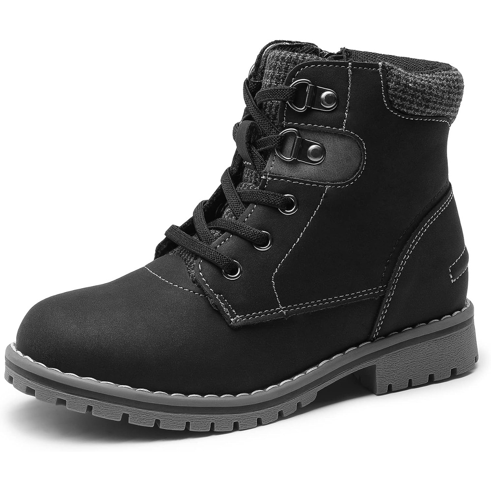 image:imageBruno Marc Boys Girls Ankle Outdoor Comfort Autumn Boot Soft PU upper plush faux fur lining Side zipper lace up fit Antislip TPR sole For school or playBlack
