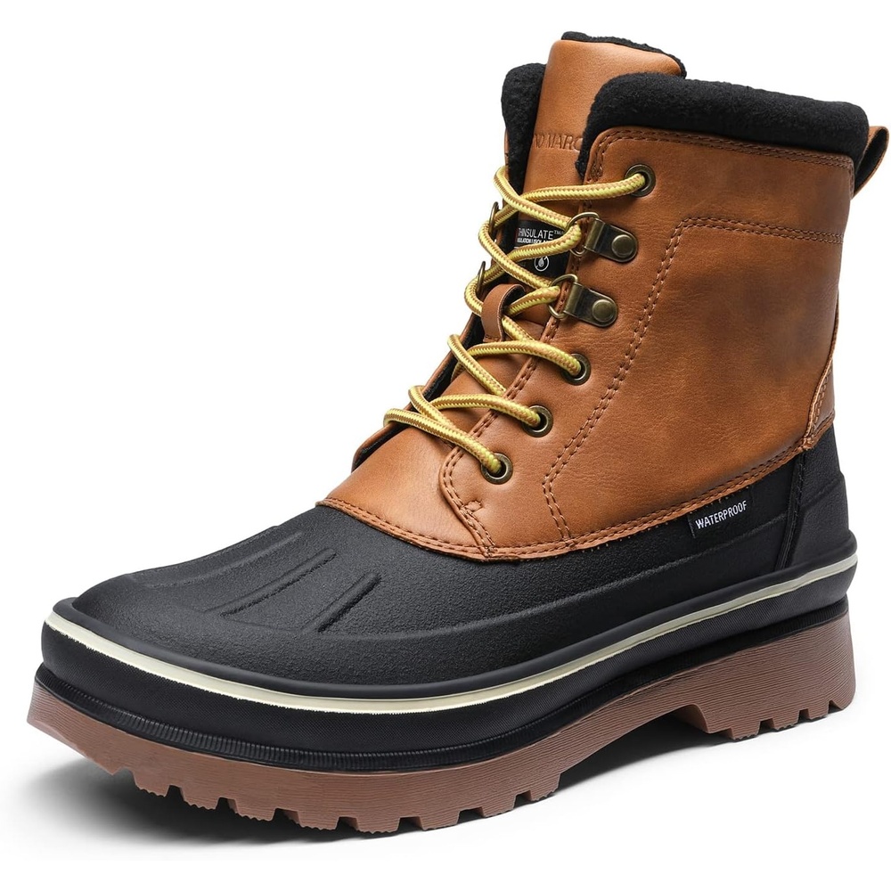 image:imageBruno Marc Mens Insulated Waterproof Snow Boots 200g insulation retains heat to 25F sealed build keeps feet dry rubber outsole boosts grip durable upper resists wearBrownYellow