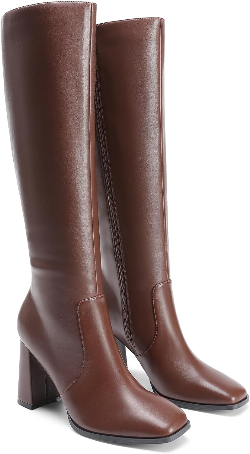 image:imageDREAM PAIRS Womens Knee High Square Toe Heel BootsBrown