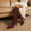 DREAM PAIRS Chunky Heel Knee High Faux Leather Boots(Brown-suede)