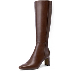 DREAM PAIRS Chunky Heel Knee High Faux Leather Boots(Brown-pu)