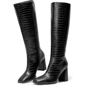 DREAM PAIRS Women’s Knee High Square Toe Heel Boots(Black-croco)