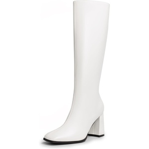 DREAM PAIRS Women’s Knee High Square Toe Heel Boots(White-pu)